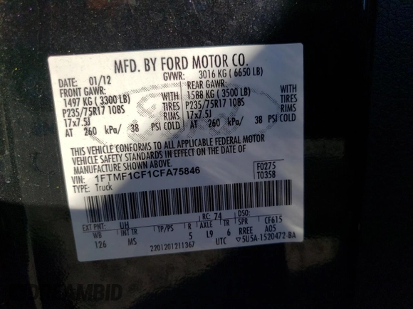 2012 Ford F-150 XL with VIN 1FTMF1CF1CFA75846, listed as a Copart auction lot 71857344 with 63,897 mi miles and Salvage Title. Bid and sale history available at carsss.com. Image 12.