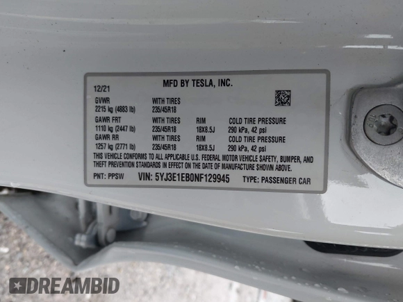 2022 Tesla Model 3 Long Range with VIN 5YJ3E1EB0NF129945, listed as a IAAI auction lot 41965531 with 59,162 mi miles and . Bid and sale history available at DreamBid. Image 9.
