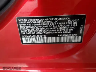 2020 Volkswagen Passat 2.0T R-Line with VIN 1VWMA7A30LC022760, listed as a Copart auction lot 47066215 with 292,158 mi miles and Salvage Title. Bid and sale history available at carsss.com. Image 12.