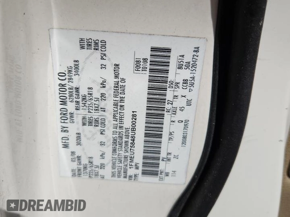 2008 Ford Explorer Limited with VIN 1FMEU75848UB00281, listed as a Copart auction lot 60835615 with 205,098 mi miles and Salvage title. Bid and sale history available at DreamBid. Image 12.
