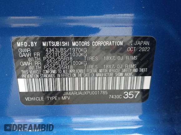 2023 Mitsubishi Outlander ES z VIN JA4ARUAUXPU001785, wystawiony jako IAAI lot #42014049 z przebiegiem 56 431 mil mil oraz . Historia ofert i sprzedaży dostępna na DreamBid. Obrazek 9.