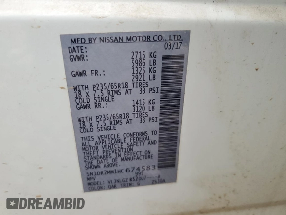 2017 Nissan Pathfinder S z VIN 5N1DR2MM1HC674583, wystawiony jako Copart lot #51873795 z przebiegiem 128 539 mil mil oraz Czysty tytuł • Clean title. Historia ofert i sprzedaży dostępna na DreamBid. Obrazek 13.