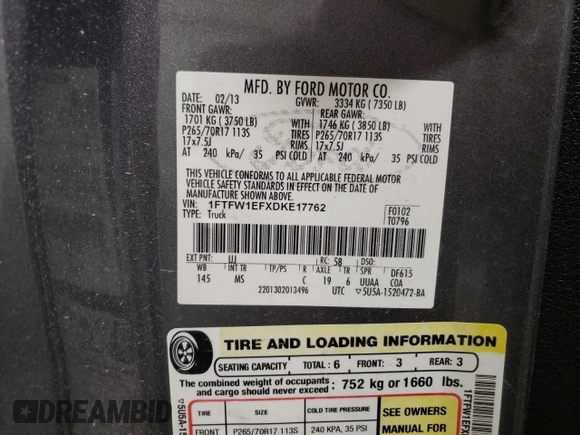 2013 Ford F-150 XL with VIN 1FTFW1EFXDKE17762, listed as a Copart auction lot 55102745 with 182,214 mi miles and Clean title. Bid and sale history available at DreamBid. Image 12.