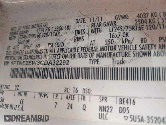 2012 Ford Econoline Cargo Recreational with VIN 1FTNE2EW3CDA32292, listed as a IAAI auction lot 42061375 with 191,460 mi miles and . Bid and sale history available at DreamBid. Image 9.