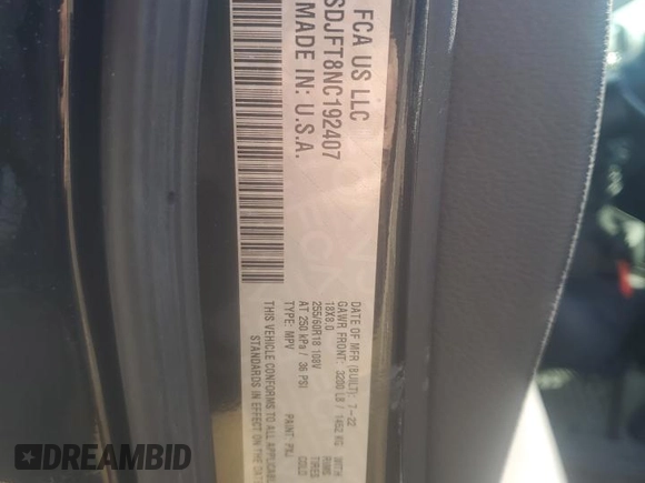 2022 Dodge Durango Pursuit with VIN 1C4SDJFT8NC192407, listed as a Copart auction lot 44064085 with 17,807 mi miles and Salvage title. Bid and sale history available at DreamBid. Image 12.