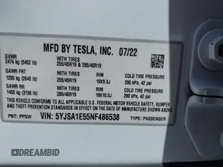 2022 Tesla Model S с VIN 5YJSA1E55NF486538, выставлен на аукционе IAAI как лот 42660966 с пробегом 41 465 миль миль и . История ставок и продаж доступна на DreamBid. Изображение 9.