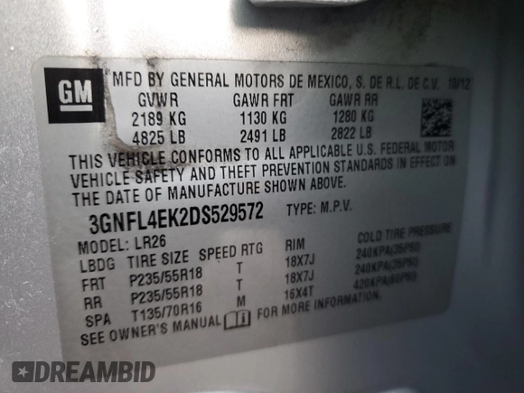 2013 Chevrolet Captiva Sport LTZ with VIN 3GNFL4EK2DS529572, listed as a Copart auction lot 83871784 with 162,198 mi miles and Salvage Title. Bid and sale history available at DreamBid. Image 13.