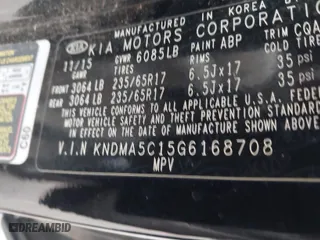 2016 Kia Sedona L with VIN KNDMA5C15G6168708, listed as a IAAI auction lot 41695088 with 105,364 mi miles. Bid and sale history available at carsss.com. Image 9.