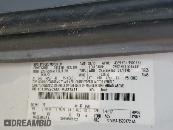 2015 Ford Transit with VIN 1FTSW2CMXFKB31211, listed as a Copart auction lot 76807524 with 174,175 mi miles and Clean Title. Bid and sale history available at DreamBid. Image 13.