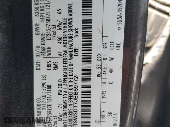 2018 Ford F-350 XL with VIN 1FT8W3DT7JEB59772, listed as a Copart auction lot 64850034 with Not provided miles and Salvage title. Bid and sale history available at DreamBid. Image 10.