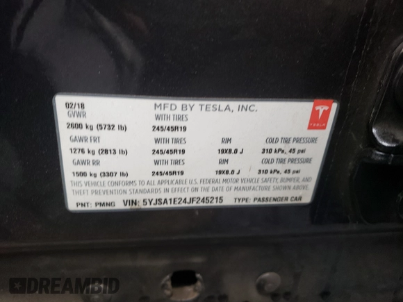 2018 Tesla Model S 75D with VIN 5YJSA1E24JF245215, listed as a Copart auction lot 63788121 with Not provided miles and Salvage title. Bid and sale history available at DreamBid. Image 10.