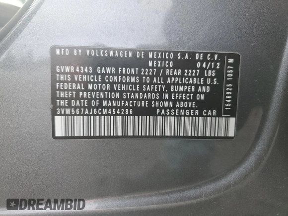 2012 Volkswagen Jetta GLI Autobahn с VIN 3VW567AJ6CM454286, выставлен на аукционе Copart как лот 45247775 с пробегом 58 496 миль миль и Чистый • Clean title. История ставок и продаж доступна на DreamBid. Изображение 12.