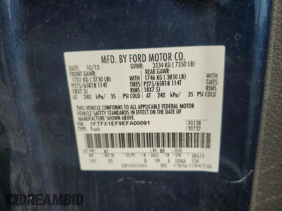 2014 Ford F-150 XL with VIN 1FTFX1EF9EFA00091, listed as a Copart auction lot 59362375 with 244,535 mi miles and Salvage title. Bid and sale history available at DreamBid. Image 12.