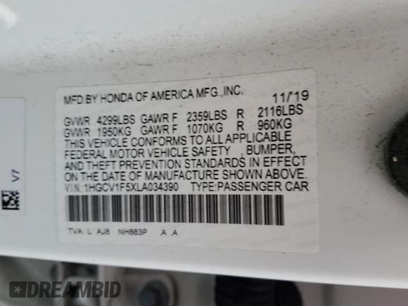 2020 Honda Accord EX-L with VIN 1HGCV1F5XLA034390, listed as a Copart auction lot 54755005 with 97,671 mi miles and Salvage title. Bid and sale history available at DreamBid. Image 12.