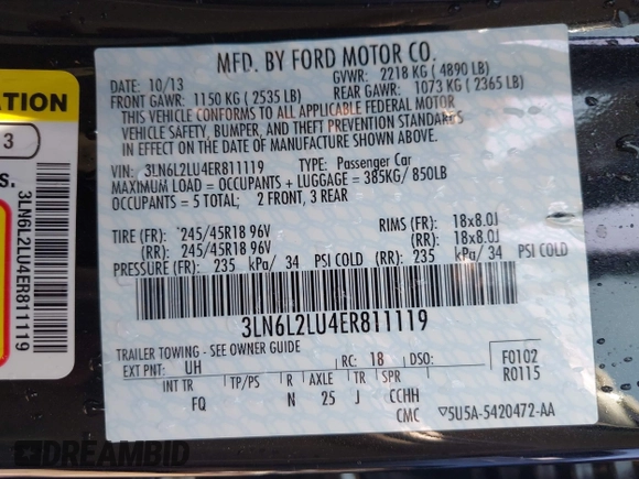 2014 Lincoln MKZ Hybrid with VIN 3LN6L2LU4ER811119, listed as a IAAI auction lot 42190415 with 98,898 mi miles and . Bid and sale history available at DreamBid. Image 9.
