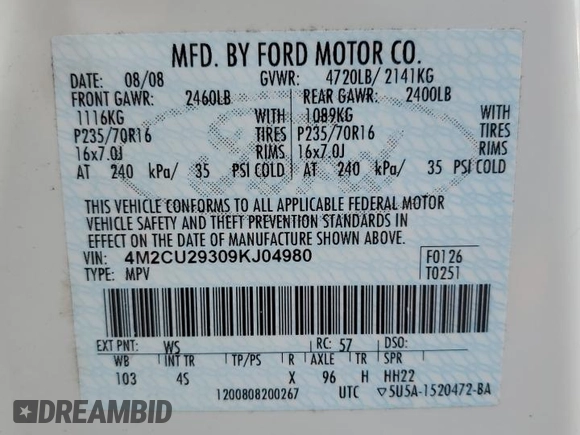 2009 Mercury Mariner Hybrid z VIN 4M2CU29309KJ04980, wystawiony jako Copart lot #85360014 z przebiegiem 166 860 mil mil oraz Szkoda całkowita • Salvage title. Historia ofert i sprzedaży dostępna na DreamBid. Obrazek 13.