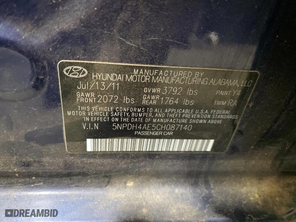 2012 Hyundai Elantra Limited with VIN 5NPDH4AE5CH087140, listed as a Copart auction lot 84626734 with 248,421 mi miles and Salvage Title. Bid and sale history available at carsss.com. Image 14.