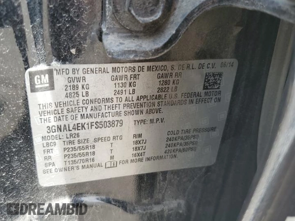 2015 Chevrolet Captiva Sport LTZ with VIN 3GNAL4EK1FS503879, listed as a Copart auction lot 52304435 with 158,493 mi miles and Salvage Title. Bid and sale history available at DreamBid. Image 13.