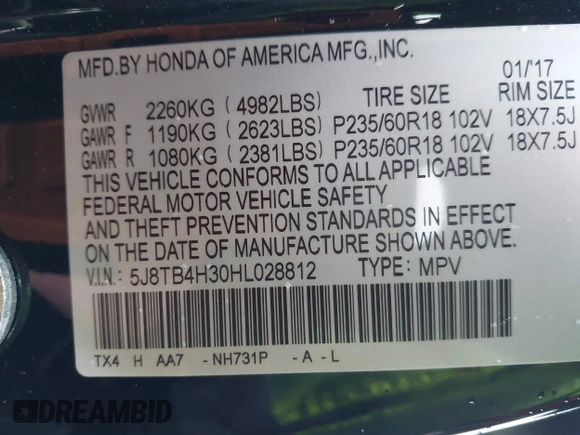 2017 Acura RDX with VIN 5J8TB4H30HL028812, listed as a IAAI auction lot 41833293 with 62,911 mi miles. Bid and sale history available at carsss.com. Image 9.