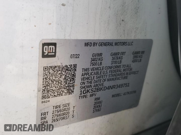 2022 GMC Yukon SLT with VIN 1GKS2BKD4NR349751, listed as a Copart auction lot 42938865 with 55,856 mi miles and Salvage Title. Bid and sale history available at carsss.com. Image 15.