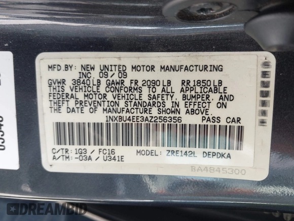 2010 Toyota Corolla with VIN 1NXBU4EE3AZ256356, listed as a IAAI auction lot 42371874 with 160,800 mi miles and . Bid and sale history available at DreamBid. Image 9.