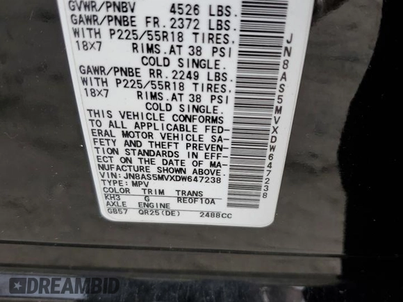 2013 Nissan Rogue SL with VIN JN8AS5MVXDW647238, listed as a Copart auction lot 51659695 with 127,503 mi miles and Salvage Title. Bid and sale history available at DreamBid. Image 15.
