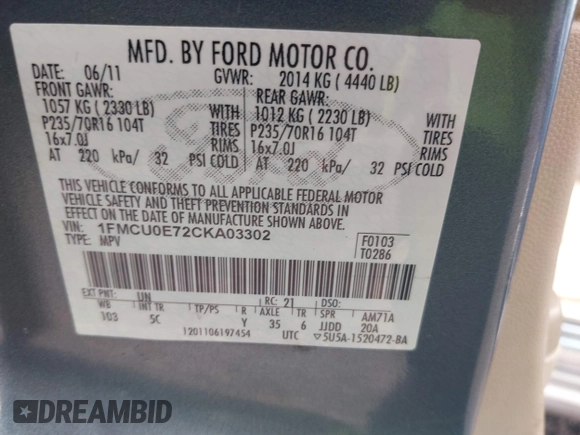2012 Ford Escape Limited с VIN 1FMCU0E72CKA03302, выставлен на аукционе IAAI как лот 42699678 с пробегом 148 557 миль миль и . История ставок и продаж доступна на DreamBid. Изображение 9.