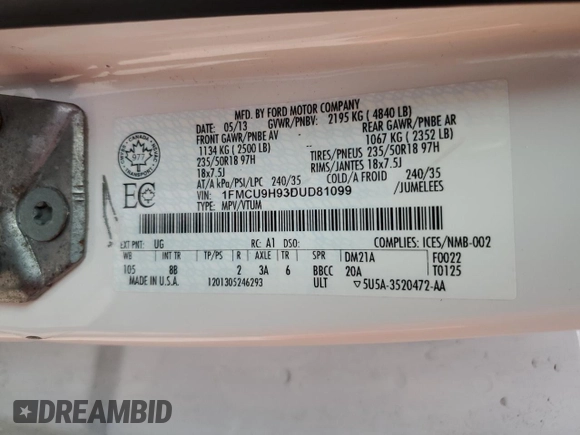 2013 Ford Escape SEL with VIN 1FMCU9H93DUD81099, listed as a Copart auction lot 61573015 with 190,085 mi miles and Clean title. Bid and sale history available at DreamBid. Image 13.