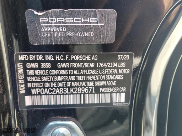 2020 Porsche 718 Cayman GT4 with VIN WP0AC2A83LK289671, listed as a Copart auction lot 48870965 with 16,907 mi miles and Salvage Title. Bid and sale history available at carsss.com. Image 12.