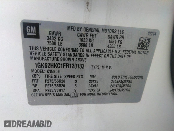 2015 GMC Yukon XL SLT with VIN 1GKS2HKC1FR120133, listed as a IAAI auction lot 39693190 with 211,652 mi miles. Bid and sale history available at carsss.com. Image 9.