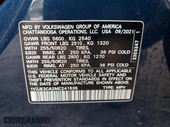 2021 Volkswagen Atlas SE with VIN 1V2JE2CA2MC241535, listed as a Copart auction lot 44203225 with 33,995 mi miles and Salvage title. Bid and sale history available at DreamBid. Image 13.