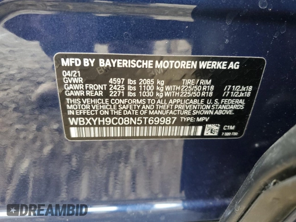 2022 BMW X2 sDrive28i with VIN WBXYH9C08N5T69987, listed as a Copart auction lot 71108184 with 44,169 mi miles and Salvage Title. Bid and sale history available at carsss.com. Image 13.