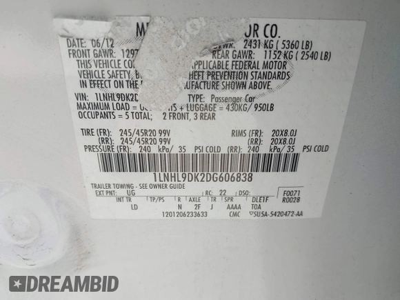 2013 Lincoln MKS with VIN 1LNHL9DK2DG606838, listed as a IAAI auction lot 42454441 with 163,475 mi miles and . Bid and sale history available at DreamBid. Image 9.