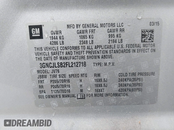 2015 Chevrolet Trax LT with VIN 3GNCJLSB2FL212718, listed as a IAAI auction lot 41657861 with 136,155 mi miles. Bid and sale history available at carsss.com. Image 9.