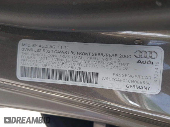 2012 Audi A7 Premium Plus with VIN WAUYGAFC1CN085666, listed as a IAAI auction lot 42177867 with 242,775 mi miles and . Bid and sale history available at DreamBid. Image 9.