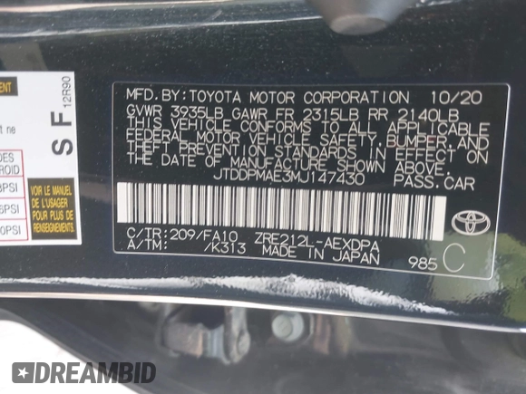 2021 Toyota Corolla L with VIN JTDDPMAE3MJ147430, listed as a IAAI auction lot 41954341 with 77,702 mi miles and . Bid and sale history available at DreamBid. Image 9.