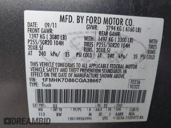 2012 Ford Explorer XLT with VIN 1FMHK7D86CGA38667, listed as a IAAI auction lot 41907534 with 325,802 mi miles and . Bid and sale history available at DreamBid. Image 9.