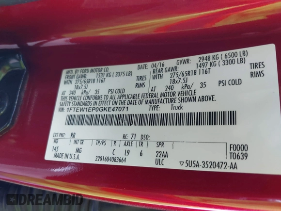 2016 Ford F-150 XLT with VIN 1FTEW1EP0GKE47071, listed as a IAAI auction lot 41950243 with 92,138 mi miles and . Bid and sale history available at carsss.com. Image 9.