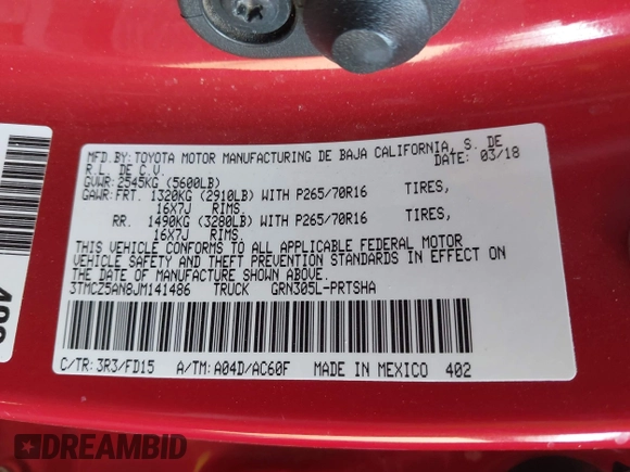 2018 Toyota Tacoma SR with VIN 3TMCZ5AN8JM141486, listed as a IAAI auction lot 42142145 with 54,851 mi miles and . Bid and sale history available at DreamBid. Image 9.