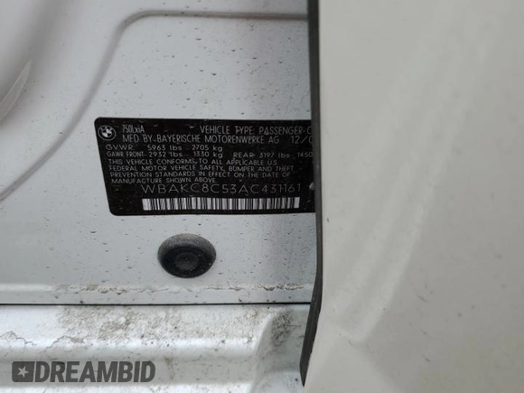 2010 BMW 7 Series 750Li xDrive with VIN WBAKC8C53AC431161, listed as a Copart auction lot 52599225 with 91,249 mi miles and Clean Title. Bid and sale history available at DreamBid. Image 14.