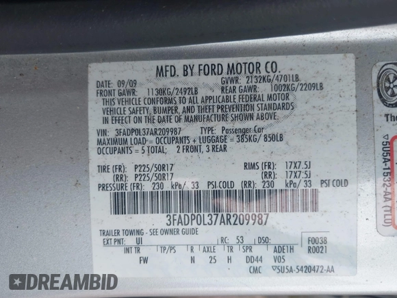 2010 Ford Fusion Hybrid with VIN 3FADP0L37AR209987, listed as a IAAI auction lot 42094849 with 124,912 mi miles. Bid and sale history available at carsss.com. Image 9.