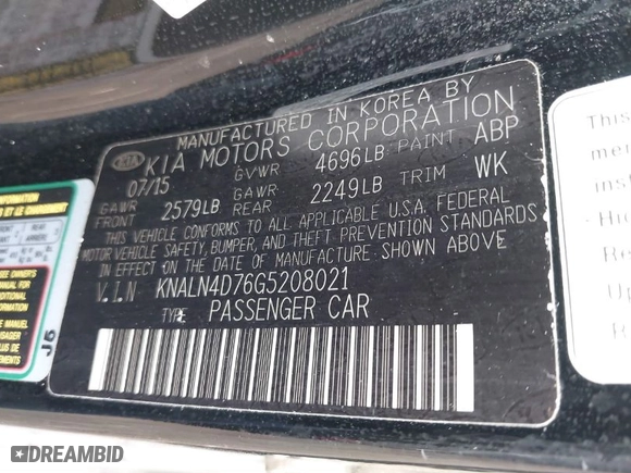 2016 Kia Cadenza Premium with VIN KNALN4D76G5208021, listed as a IAAI auction lot 41674106 with NaN miles. Bid and sale history available at carsss.com. Image 9.