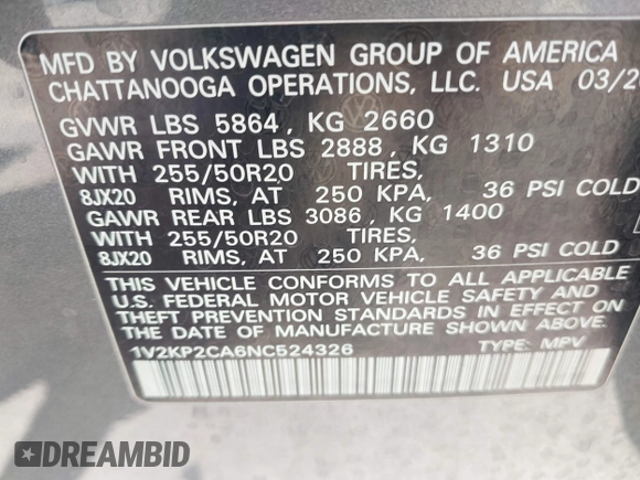 2022 Volkswagen Atlas SE with VIN 1V2KP2CA6NC524326, listed as a IAAI auction lot 42546660 with 37,406 mi miles and . Bid and sale history available at DreamBid. Image 9.