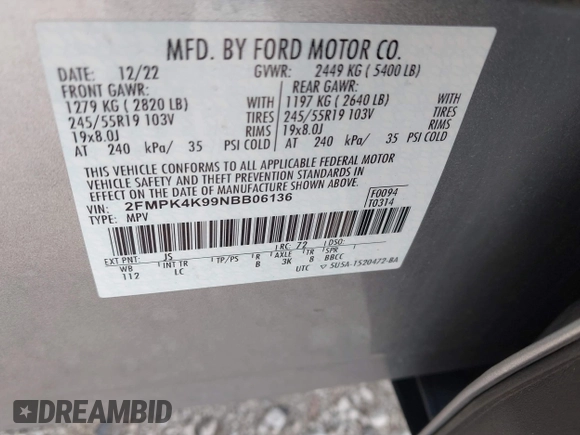 2022 Ford Edge Titanium with VIN 2FMPK4K99NBB06136, listed as a IAAI auction lot 42733977 with 57,794 mi miles and . Bid and sale history available at DreamBid. Image 9.