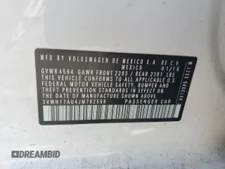 2018 Volkswagen Golf S с VIN 3VWH17AU4JM762558, выставлен на аукционе Copart как лот 54882405 с пробегом 39 266 миль миль и Списание • Salvage title. История ставок и продаж доступна на DreamBid. Изображение 13.