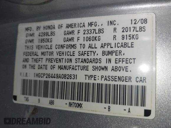2009 Honda Accord LX-P with VIN 1HGCP26449A082631, listed as a IAAI auction lot 41938447 with 197,184 mi miles and . Bid and sale history available at DreamBid. Image 9.