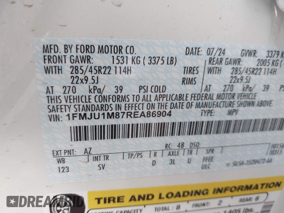 2024 Ford Expedition Platinum с VIN 1FMJU1M87REA86904, выставлен на аукционе IAAI как лот 42335782 с пробегом 6 411 миль миль и . История ставок и продаж доступна на DreamBid. Изображение 9.