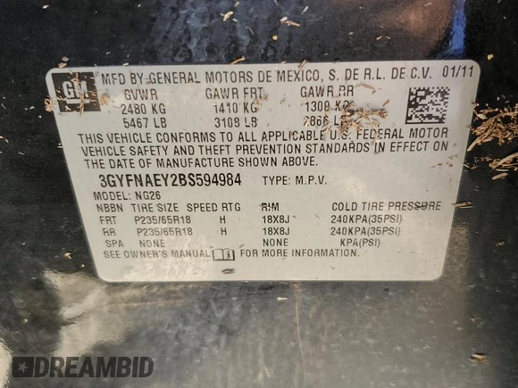 2011 Cadillac SRX Luxury Collection with VIN 3GYFNAEY2BS594984, listed as a Copart auction lot 51837835 with 224,228 mi miles and Salvage Title. Bid and sale history available at DreamBid. Image 14.