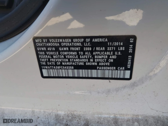 2015 Volkswagen Passat 1.8T Limited Edition with VIN 1VWAT7A38FC043258, listed as a IAAI auction lot 41433514 with 111,169 mi miles. Bid and sale history available at carsss.com. Image 9.