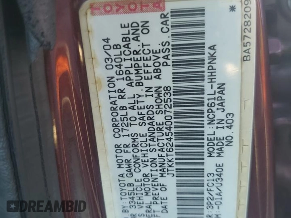 2004 Scion xA z VIN JTKKT624540072538, wystawiony jako Copart lot #74452564 z przebiegiem 334 209 mil mil oraz Szkoda całkowita • Salvage title. Historia ofert i sprzedaży dostępna na DreamBid. Obrazek 13.